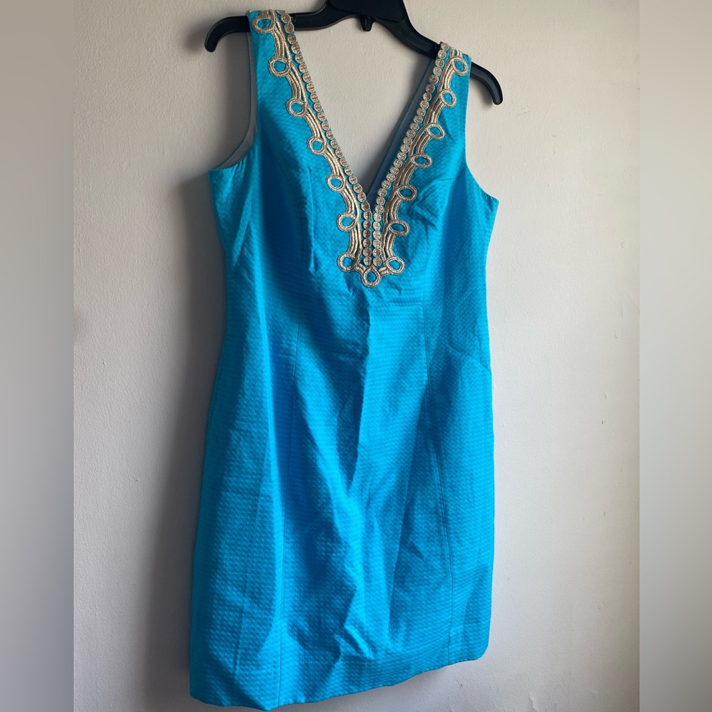 Lilly Pulitzer Bentley Shift Dress Searulean Blue Gold Embroidered Size 10 - Picture 4 of 13